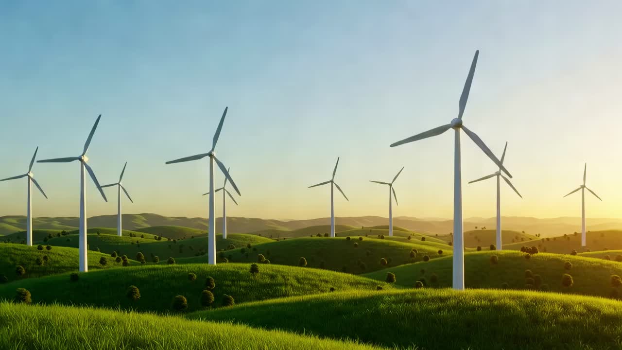 Wind turbines are capturing renewable energy against the stunning backdrop of a picturesque landscape at sunrise