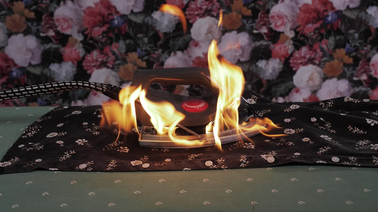 A burning shirt on an ironing board with spreading fire