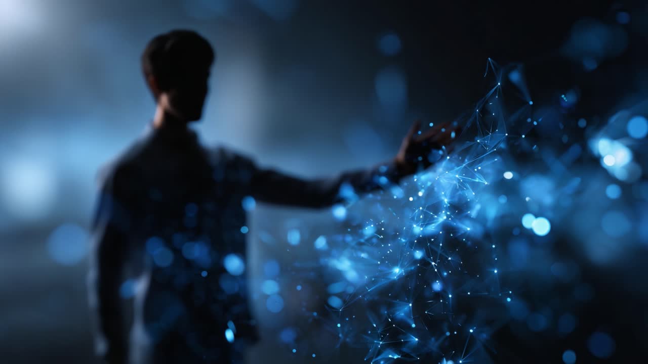 Un incontro futuristico: la fusione della presenza umana e di particelle blu dinamiche che rappresentano l'innovazione tecnologica in un regno digitale
