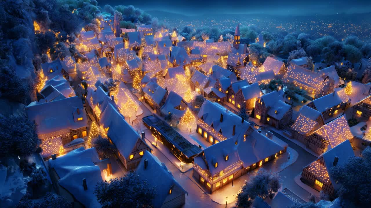 A picturesque winter village illuminated by thousands of twinkling lights, nestled among snowy hills, creating a magical and enchanting nighttime atmosphere filled with holiday cheer and warm ambiance
