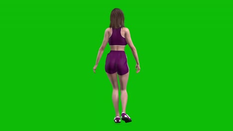 atleta femenina en 3d con traje deportivo púrpura, ropa deportiva ajustada, con pantalones cortos, caminando feliz en la pantalla verde, animación en bucle en 3d, vista trasera