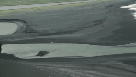 a seagull flies over a black sand beach in iceland