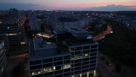 Aerial-View-of-Prague-Czech-Republic-Suburbs-at-Night,-Lights-on-Buildings-and-Streets