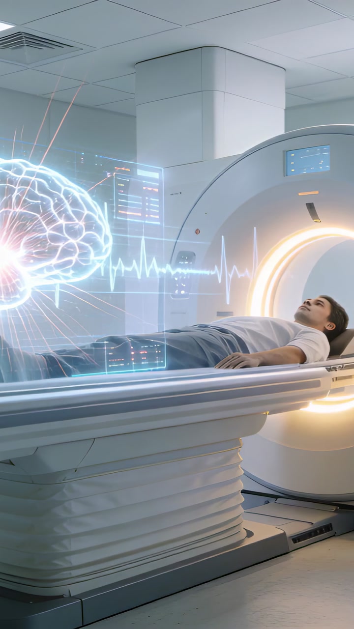 Vertical video: Scanner activating patient on table in suite white top holo brain showing ECG data