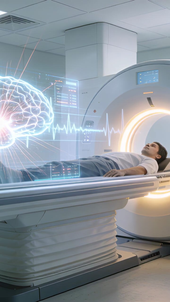 Vertical video: Scanner activating patient on table in suite white top holo brain showing ECG data