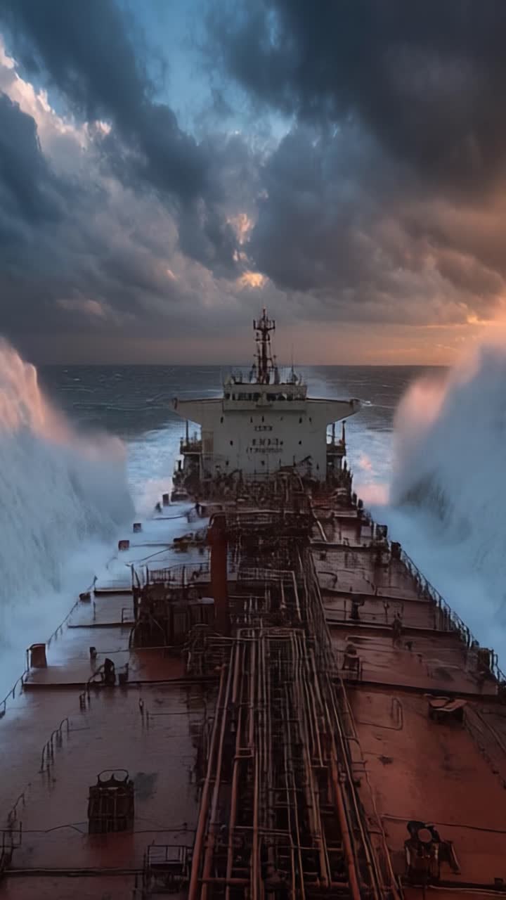 A Dramatic View of a Ship Navigating Through Turbulent Waters as Powerful Waves Crash Against the Hull, Captured in a Stunning Seascape During Sunset
