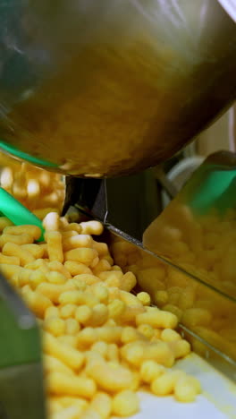 worker's hand in latex gloves opens the metal tank to throw snacks on conveyor. corn sticks being pushed by ladle along the belt. vertical video