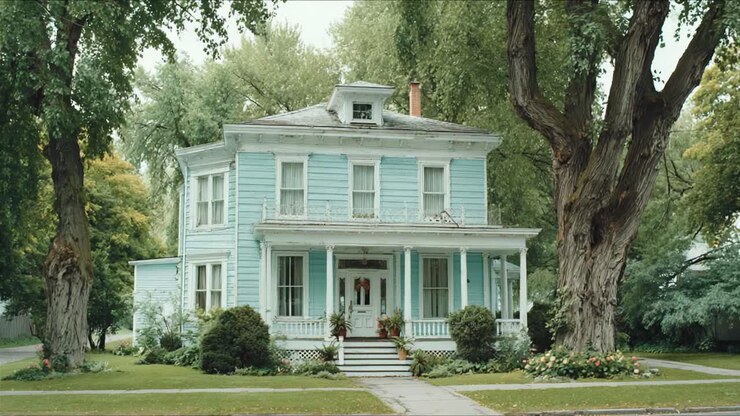 Charmante maison victorienne bleue entourée d'arbres majestueux et d'une végétation luxuriante, mettant en valeur l'élégance architecturale dans un cadre pittoresque.