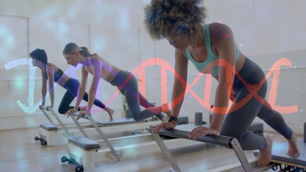 Women exercising on reformer machines with DNA strand animation overlay