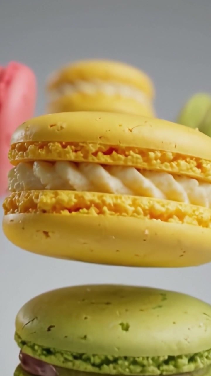A Vibrant Display of Flying Colorful Macarons: A Tempting Array of Luscious Treats Captured in Mid-Flight, Showcasing Their Unique Shapes and Eye-Catching Hues.