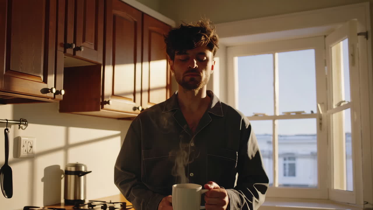 Man drinking coffee in kitchen at sunrise