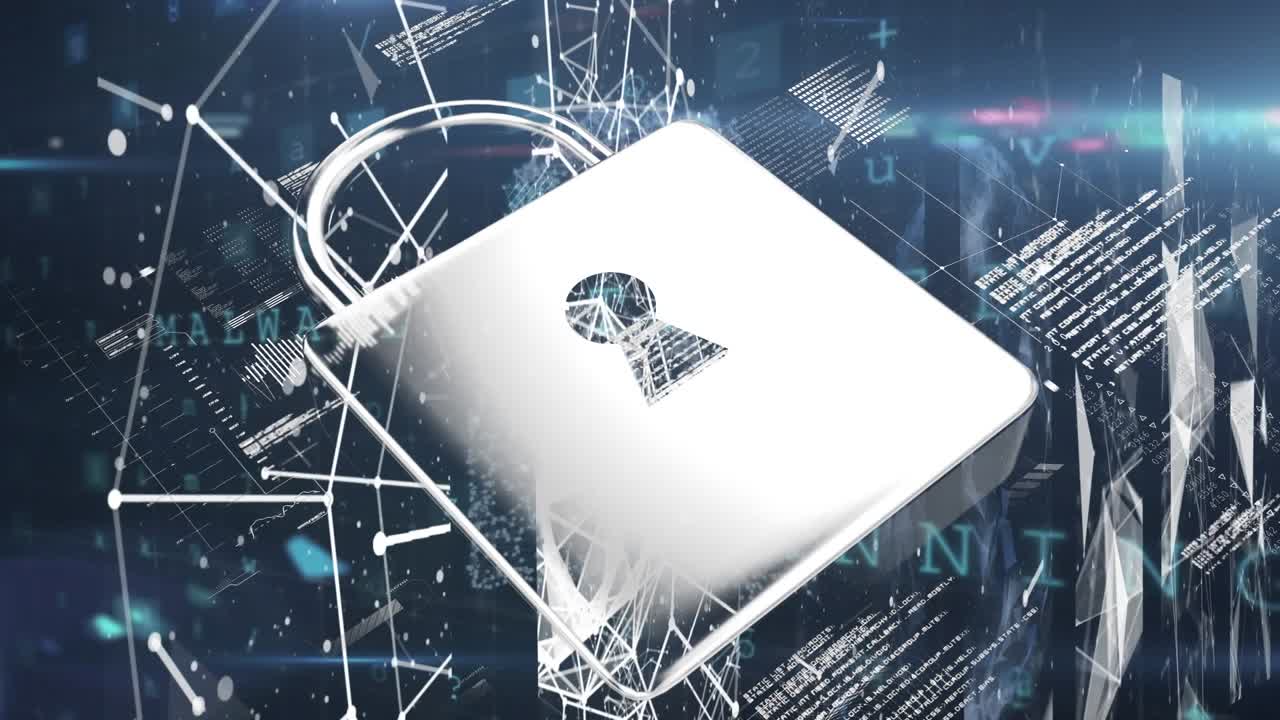Animation of padlock, network of connections and binary coding data processing