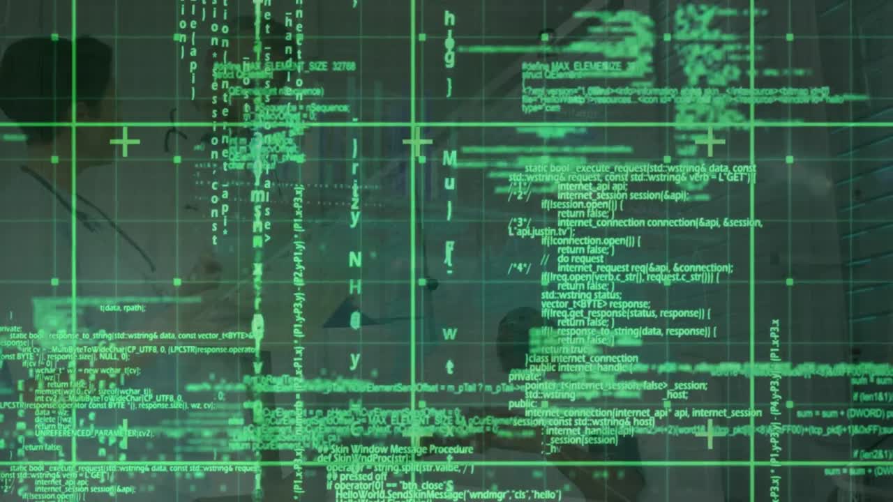 animação de processamento de dados em ecrã digital sobre diversos médicos do sexo feminino e masculino com paciente