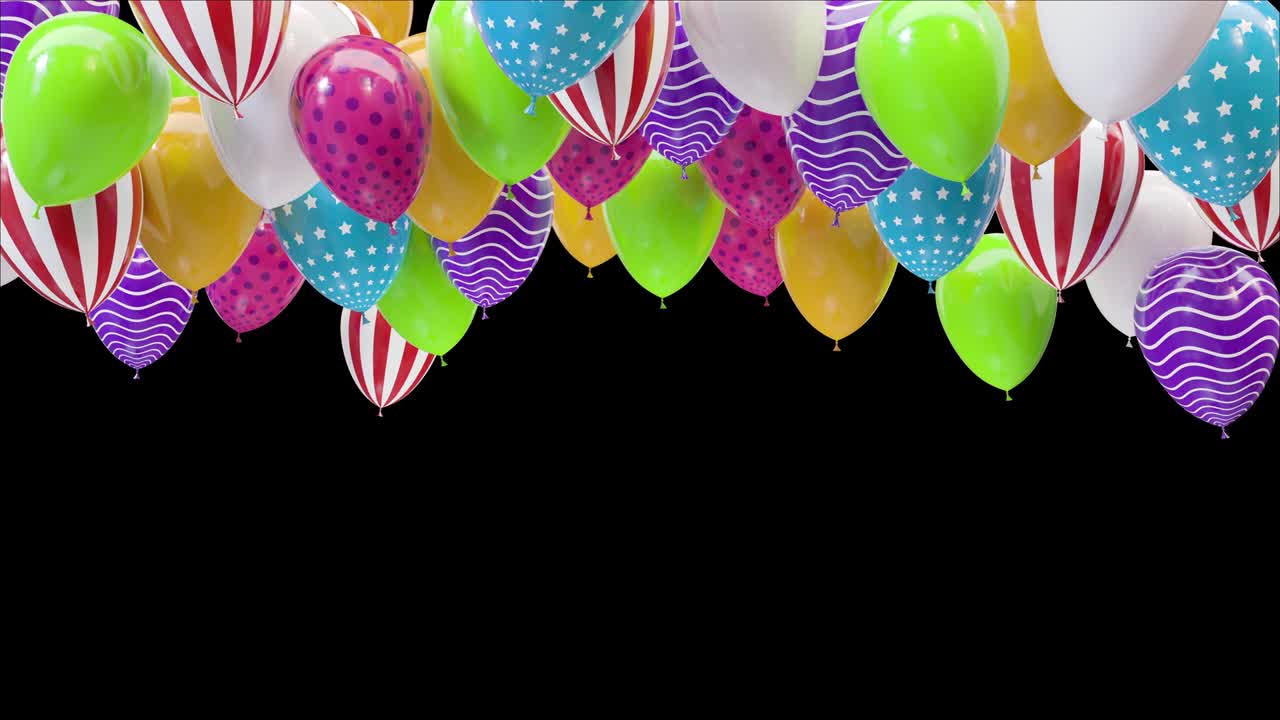 globos que vuelan desde abajo, globos coloridos y texturizados aislados sobre fondo negro con canal de luma incluido 4k