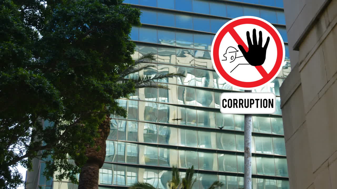 Animation of cityscape over warning sign with corruption text