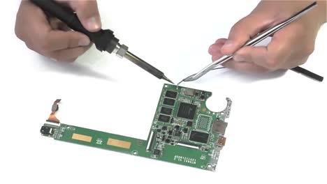 soldering pcb on white background