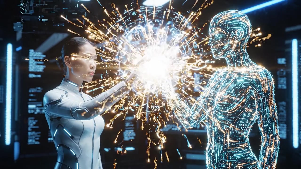 Futuristická interakce mezi člověkem a holografickým robotem, předvádějící pokročilou technologii ve špičkovém technologickém prostředí plném zářících dat a interaktivních prvků.