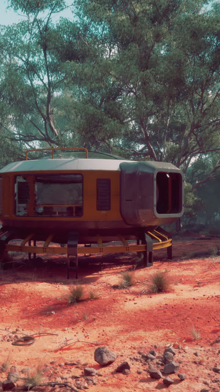 un aerodeslizador futurista abandonado en un paisaje desértico parecido a un bosque