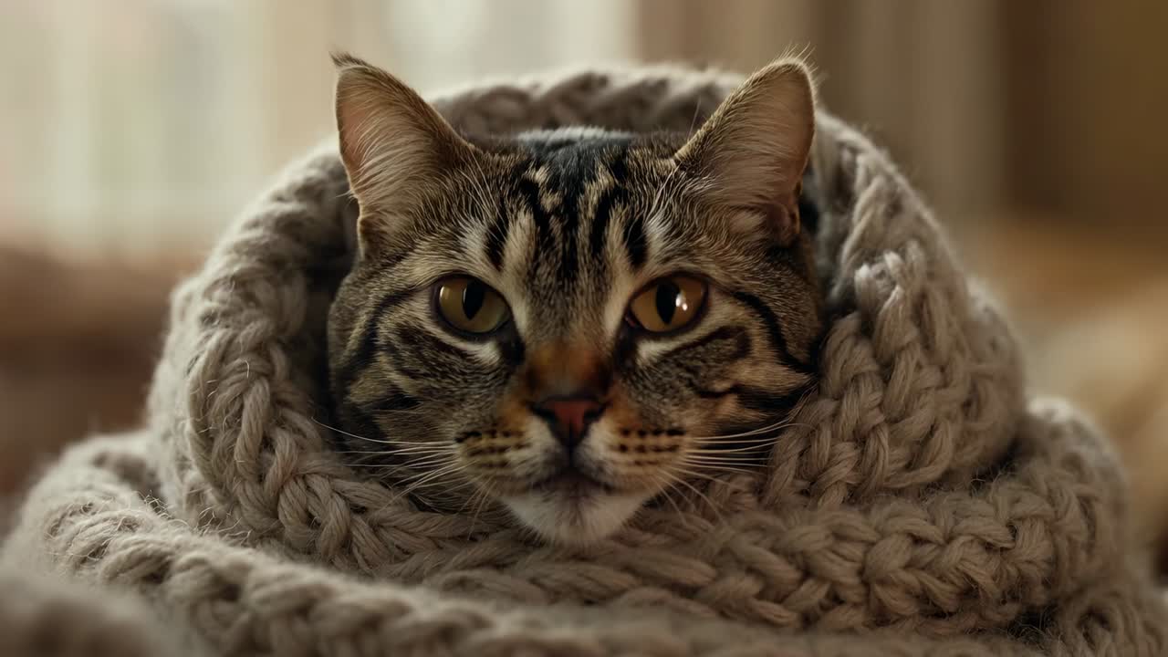 Reazione a inquadrature, gatto che apre gli occhi, sguardo che si sposta sul divano di casa, rimanendo avvolto nella coperta