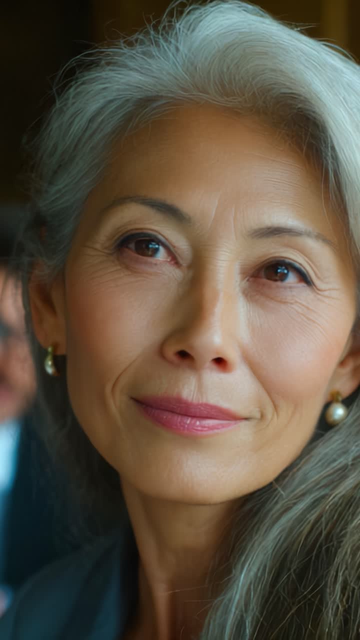 Captivating Portrait of a Graceful Older Woman with Silver Hair, Exuding Wisdom and Elegance in a Warm Setting, Showcasing Natural Beauty and Timeless Charm