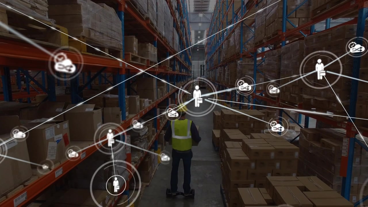 Warehouse Worker Riding Hoverboard with Digital Network Overlay