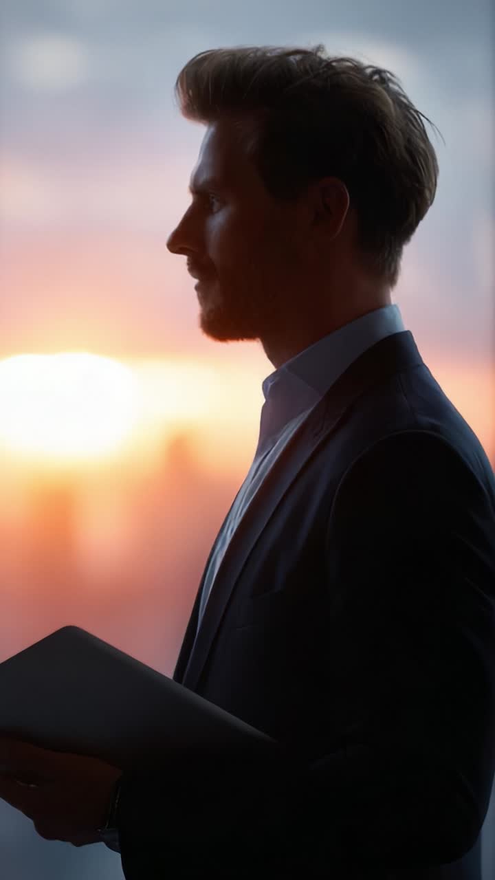A contemplative silhouette of a man in formal attire gazing at a beautiful sunset, highlighting his profile against the vibrant colors of the sky