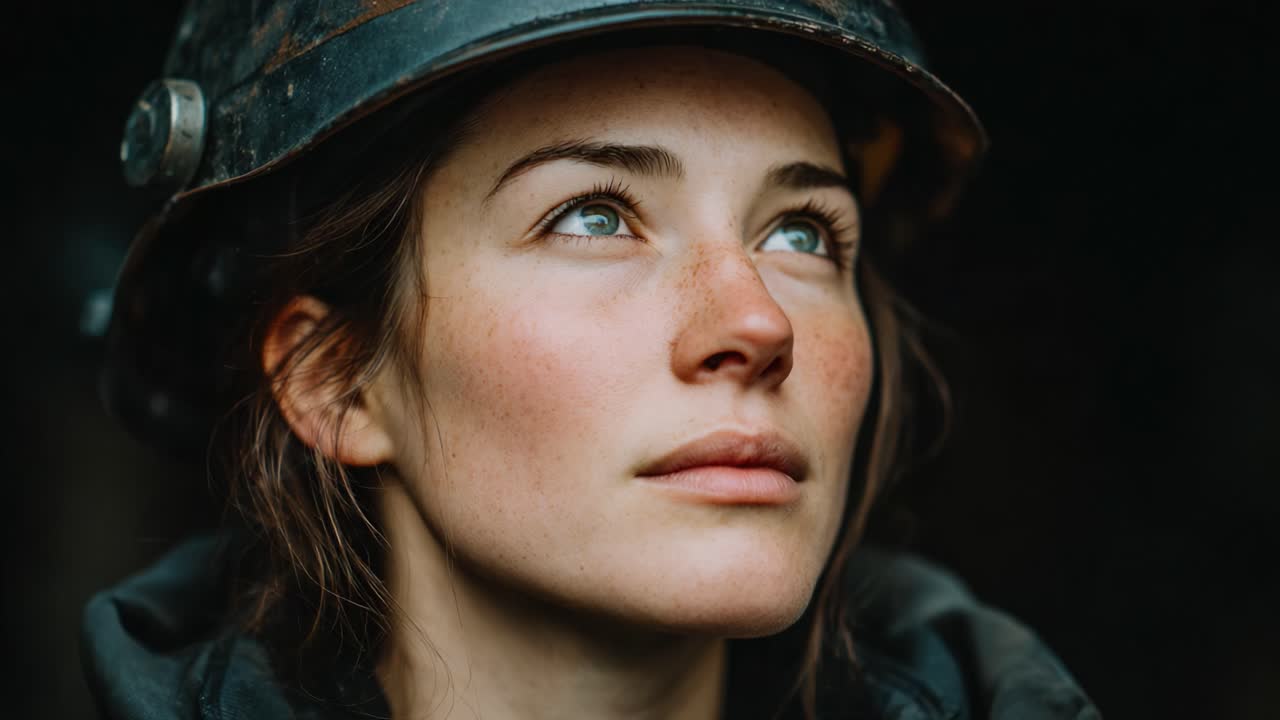 Portrait of a Female Miner: A Close-Up of a Woman in a Hard Hat Reflecting Strength and Resilience Amidst the Challenges of Her Profession