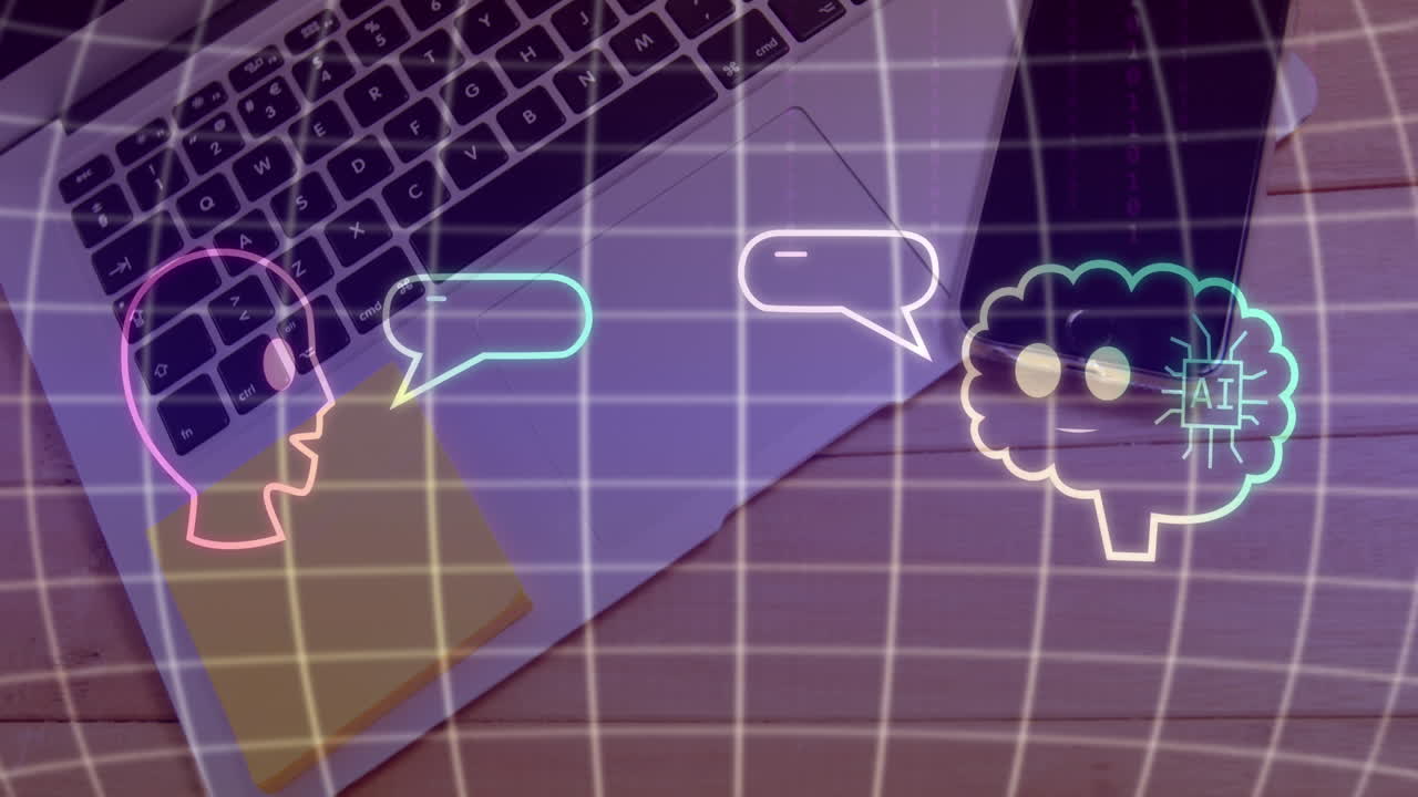 노트북과 스마트 폰에서 데이터 처리 및 아이콘의 애니메이션