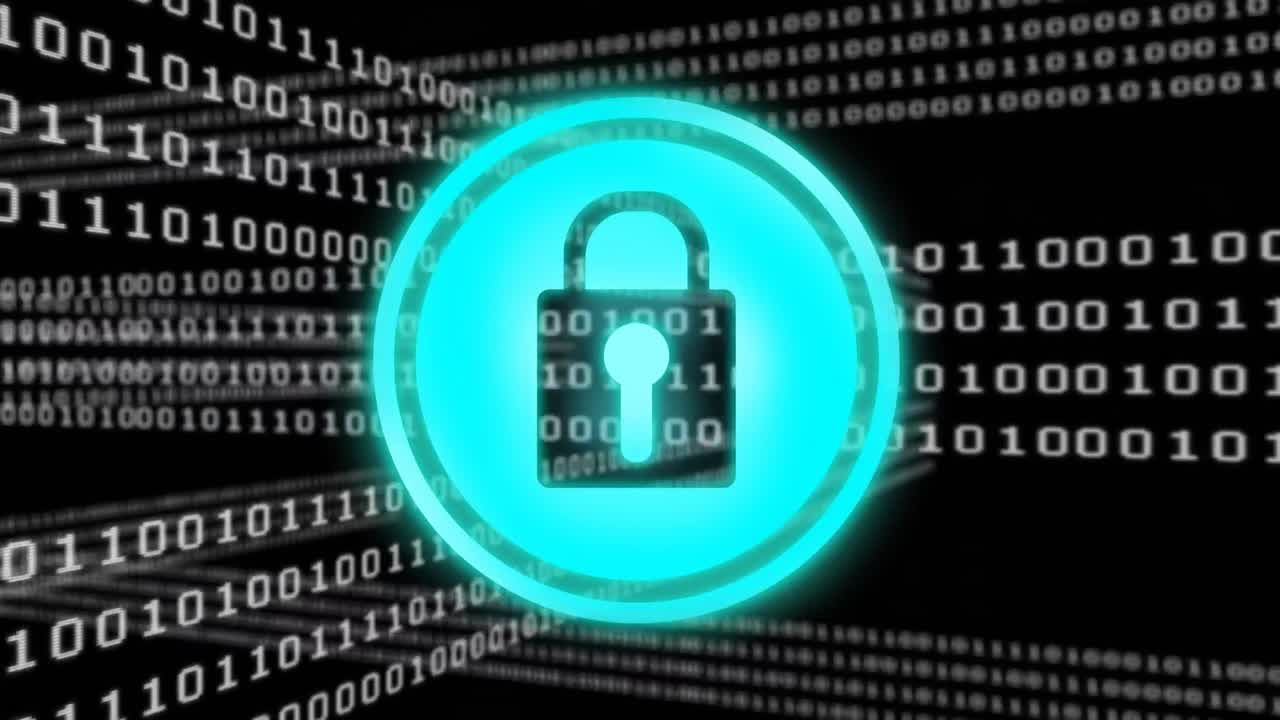 animación de codificación binaria y candado de seguridad en línea sobre fondo oscuro