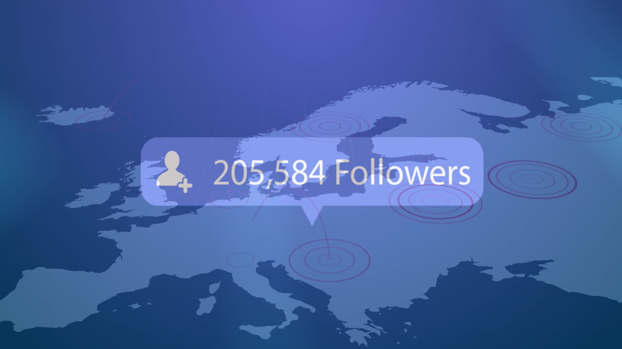 animación del icono del perfil con seguidores crecientes en el mapa del mundo contra un fondo gris.
