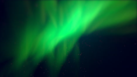The image captures a vibrant green aurora borealis in the sky, a natural light display caused by solar wind particles interacting with Earth's magnetic field in polar regions