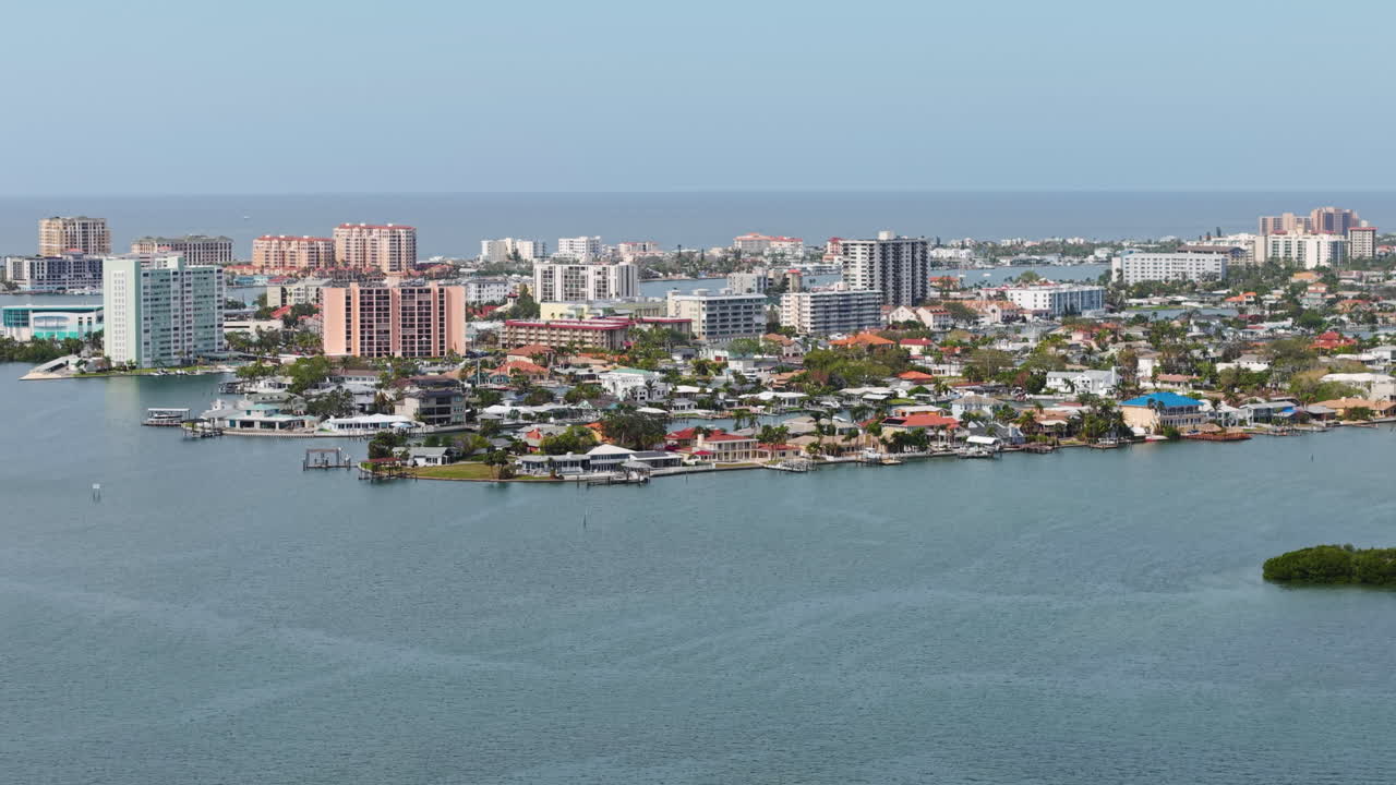 Aerial view approaching the Island Estates, sunny day in Clearwater, Florida, USA