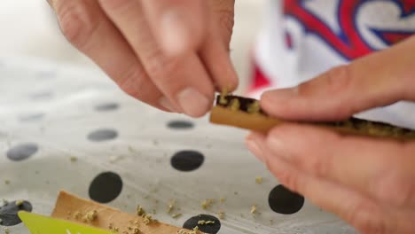 hands picking up little pieces of weed off a picnic table to make a joint