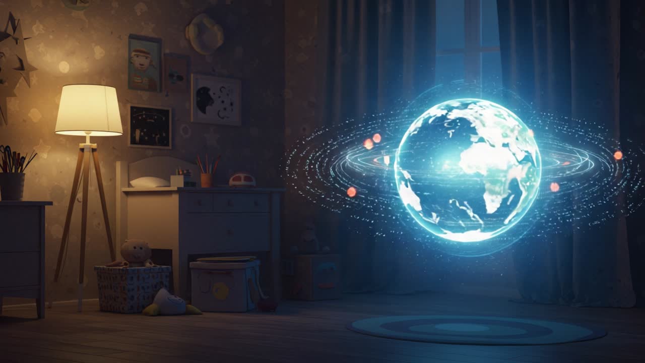 A Magical Bedroom Scene Featuring a Holographic Globe Surrounded by Stars and Soft Lighting, Illustrating a Blend of Reality and Imagination in a Cozy Environment