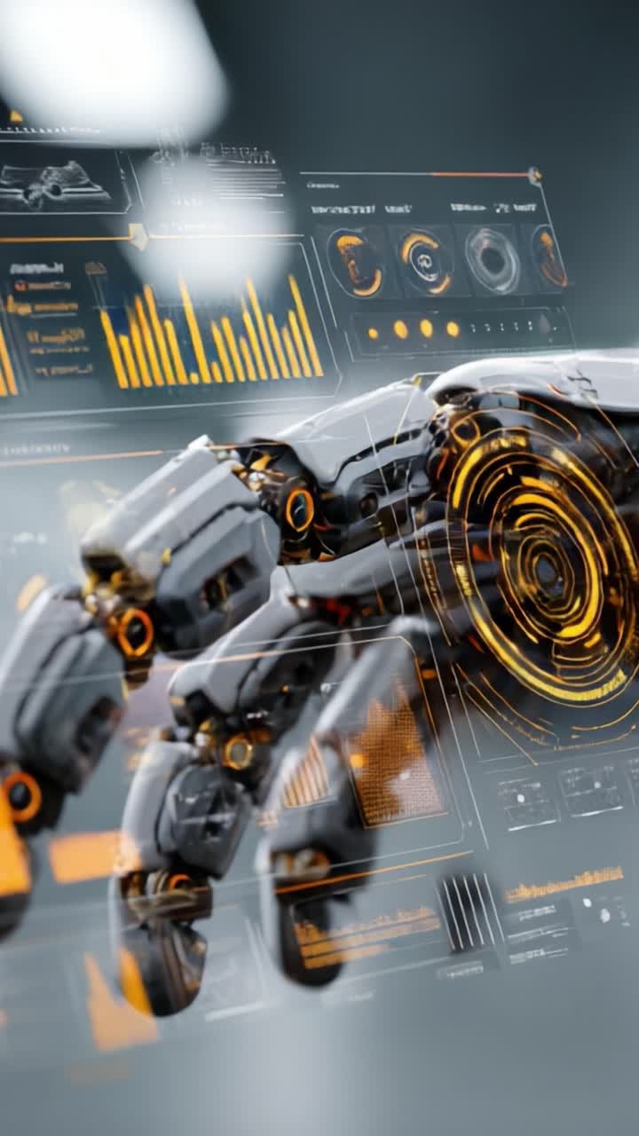 Futuristic Robot Hand Interaction with Advanced User Interface Displaying Data Visualizations and Metrics in a Modern Technological Environment