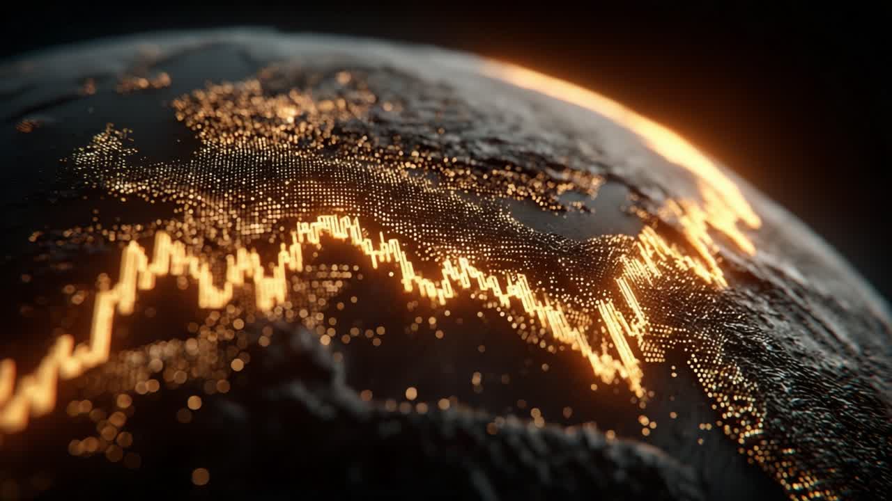 Abstract visualization of the Earth's surface with continents made of data points and a glowing orange line chart representing global stock market fluctuations. Economic growth. And financial trends