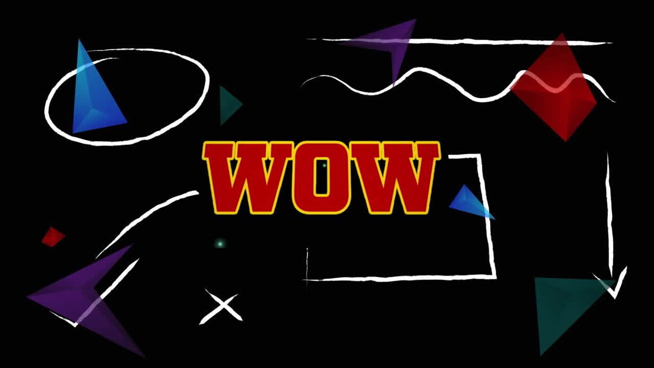 검은색 배경의 다채로운 모양 위에 와우 텍스트의 애니메이션