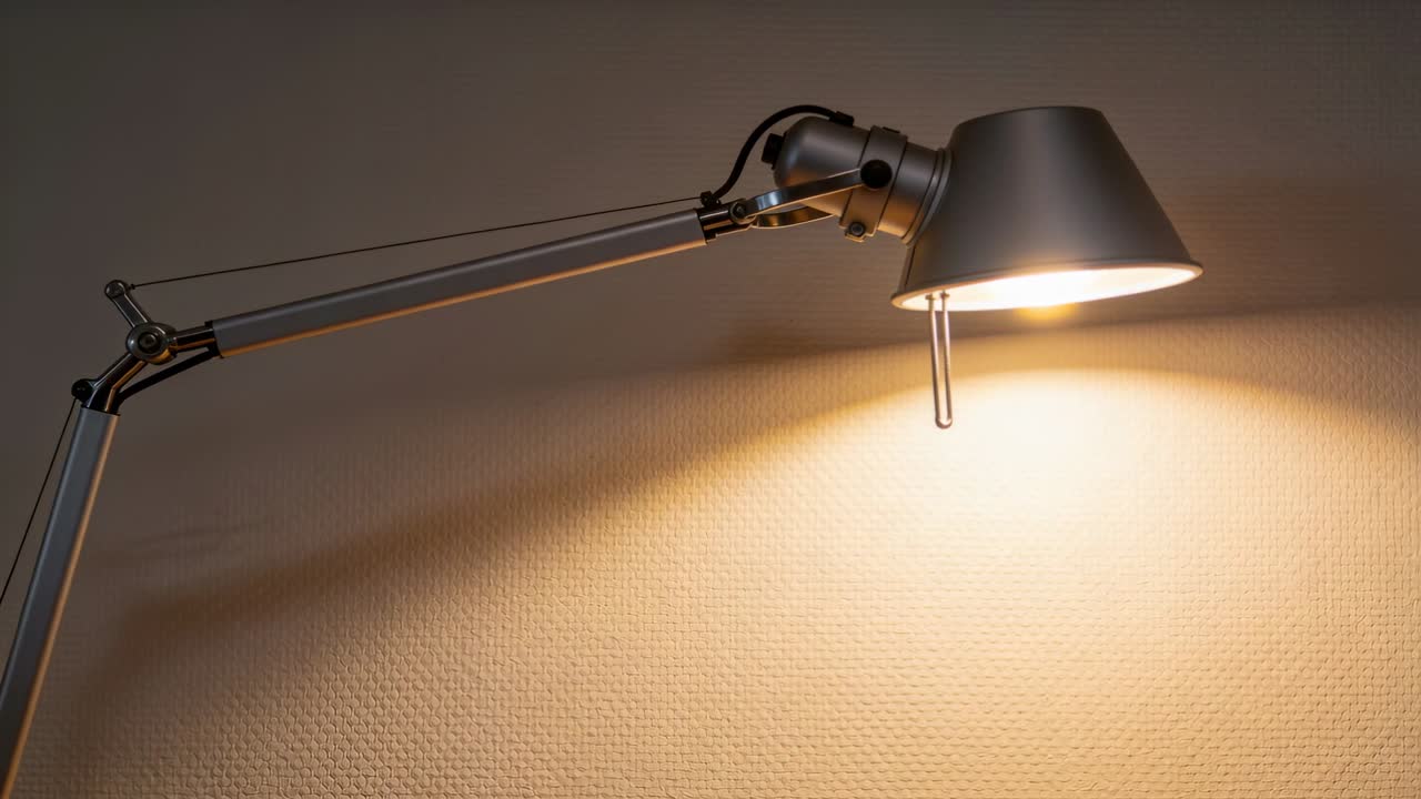 Inclinazione di una lampada metallica dopo la regolazione del giunto sulla parete della scrivania, per ampliare la luce calda e rivelare la catenella di accensione.