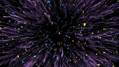 Digital-animation-of-confetti-falling-over-purple-digital-waves-bursting-against-black-background