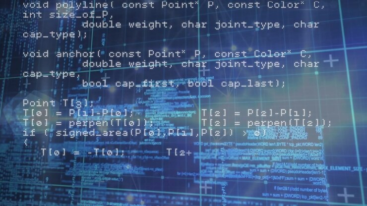 Animation af databehandling i et blåt digitalt rum