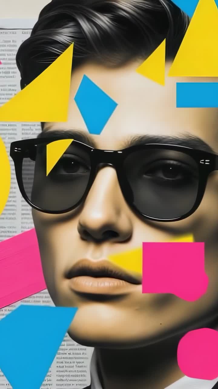 Vertical video: Starting geometric shapes sliding into place around model in aviators in studio