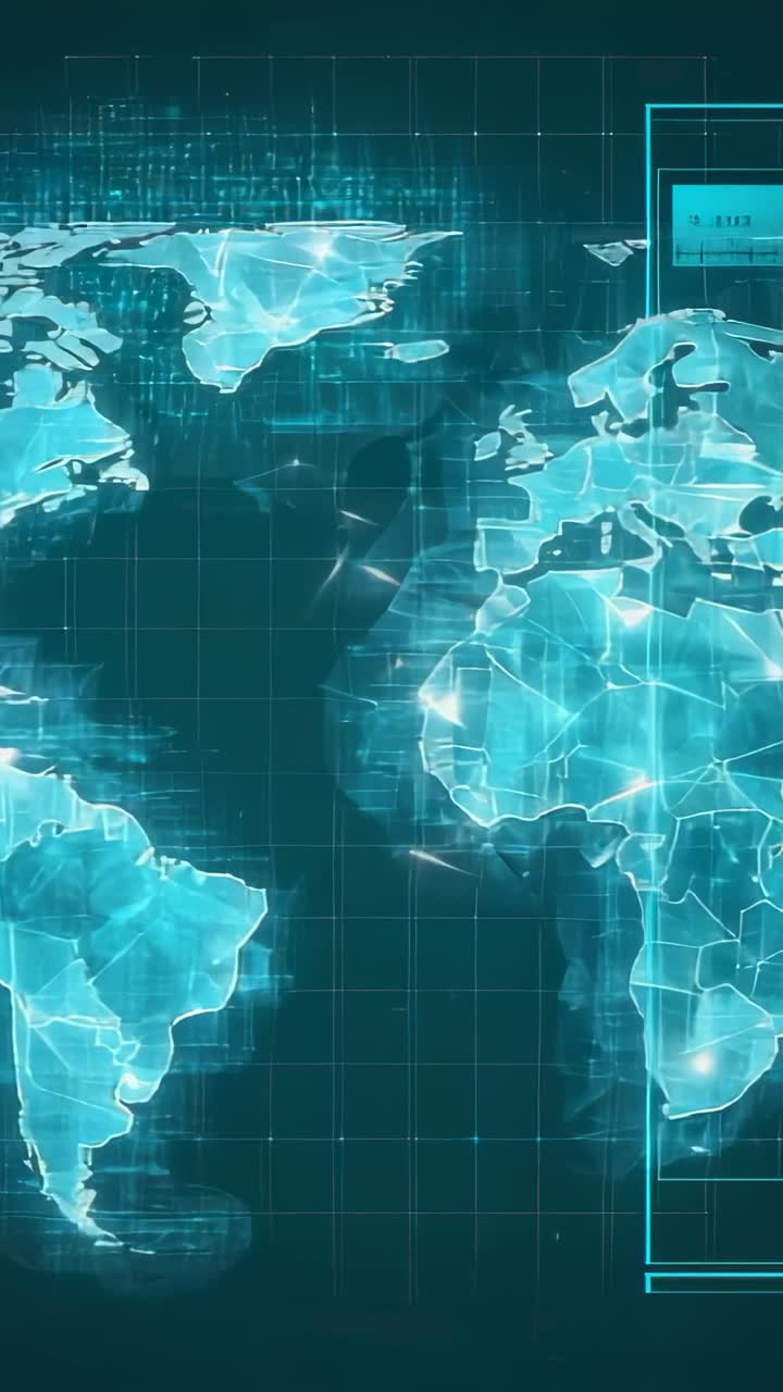 Vertical video: On boot pulsing holographic world map shifting view, updating data panel on display