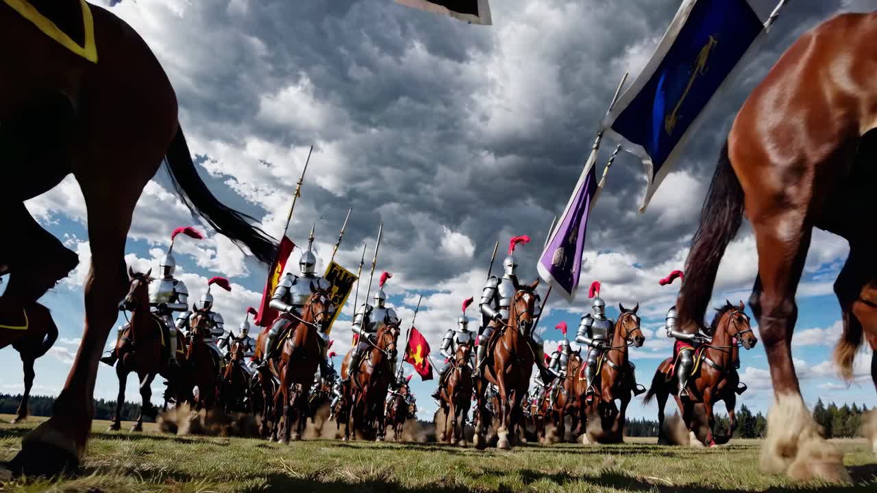 Dramatic low-angle video shot of knights on horseback charging under a cloudy sky, capturing dynamic