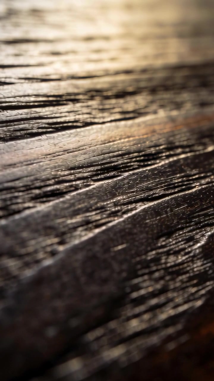 Vertical video: Pulling focus camera moving along worn tabletop plank, revealing grain and varnish