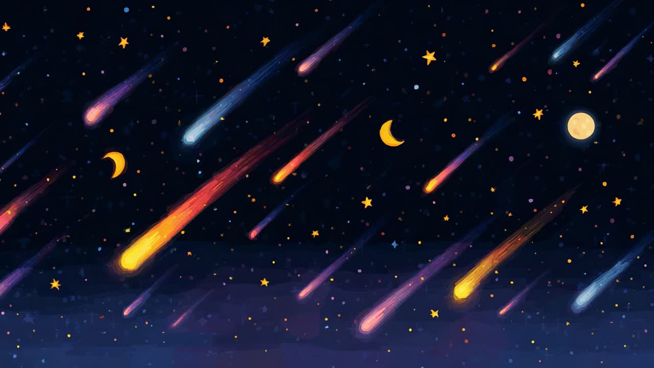 A mesmerizing cosmic scene showcasing vibrant shooting stars, crescent moons, twinkling stars, and a radiant moon, all set against a dark starlit sky filled with wonder