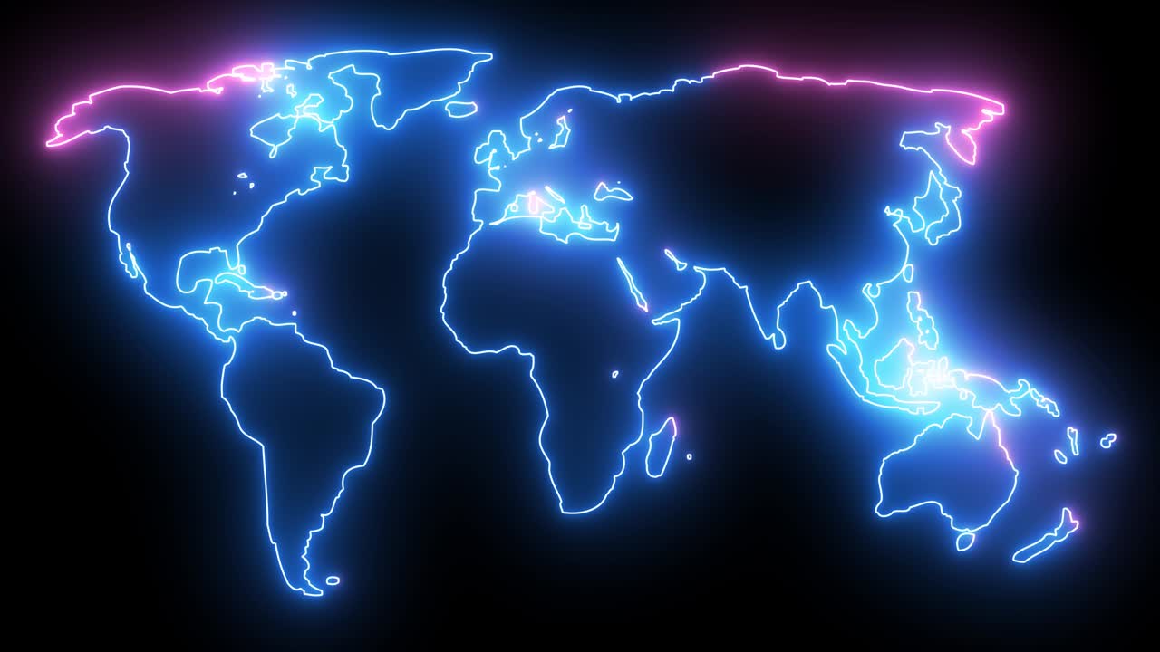 Neon World Map Outline. Futuristic animation, creative glowing lights outline of planet Earth.