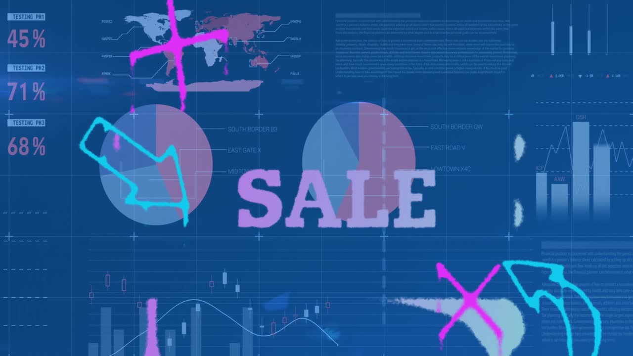 파란색 배경에 데이터 처리를 통해 판매 텍스트와 아이콘의 애니메이션