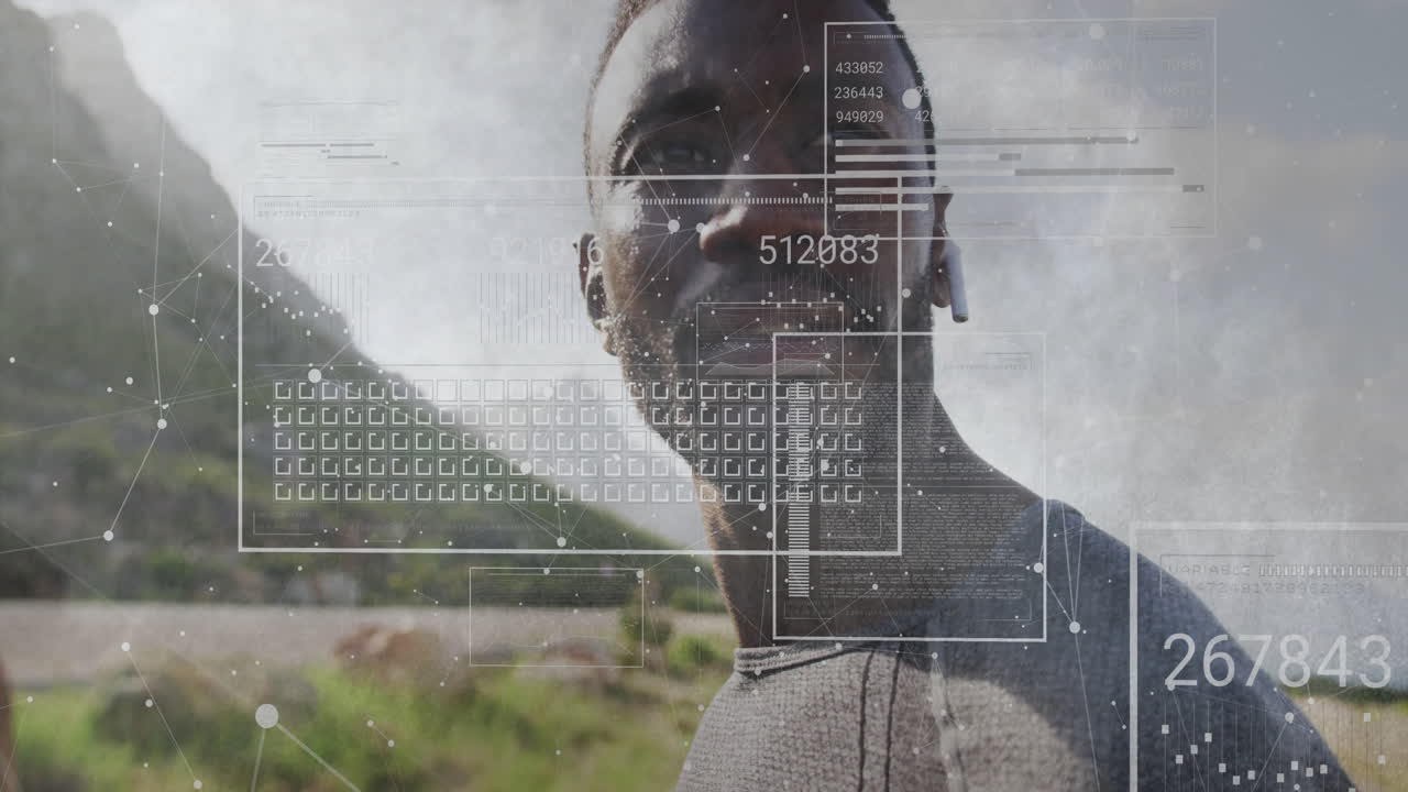 Outdoors, man interacting with digital data processing animation overlaying scene