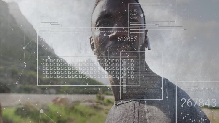 Outdoors, man interacting with digital data processing animation overlaying scene