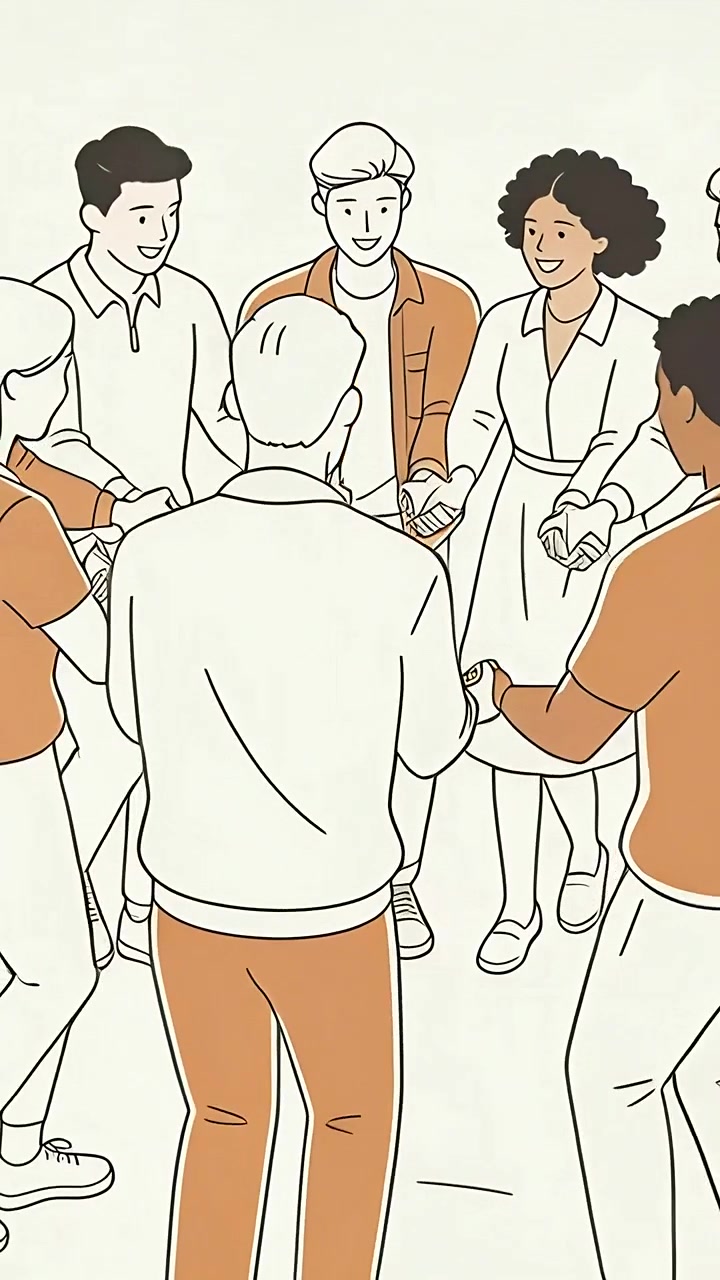 Vertical video: Camera shifting, adults holding hands rotating in studio, bonding, orange jacket